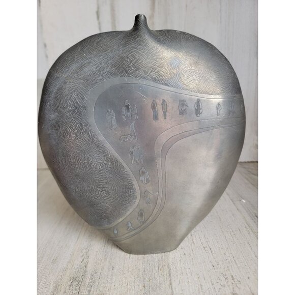 Claire Pfleger pewter 1986 large metal flask art piece vintage people walkway - Picture 2 of 11